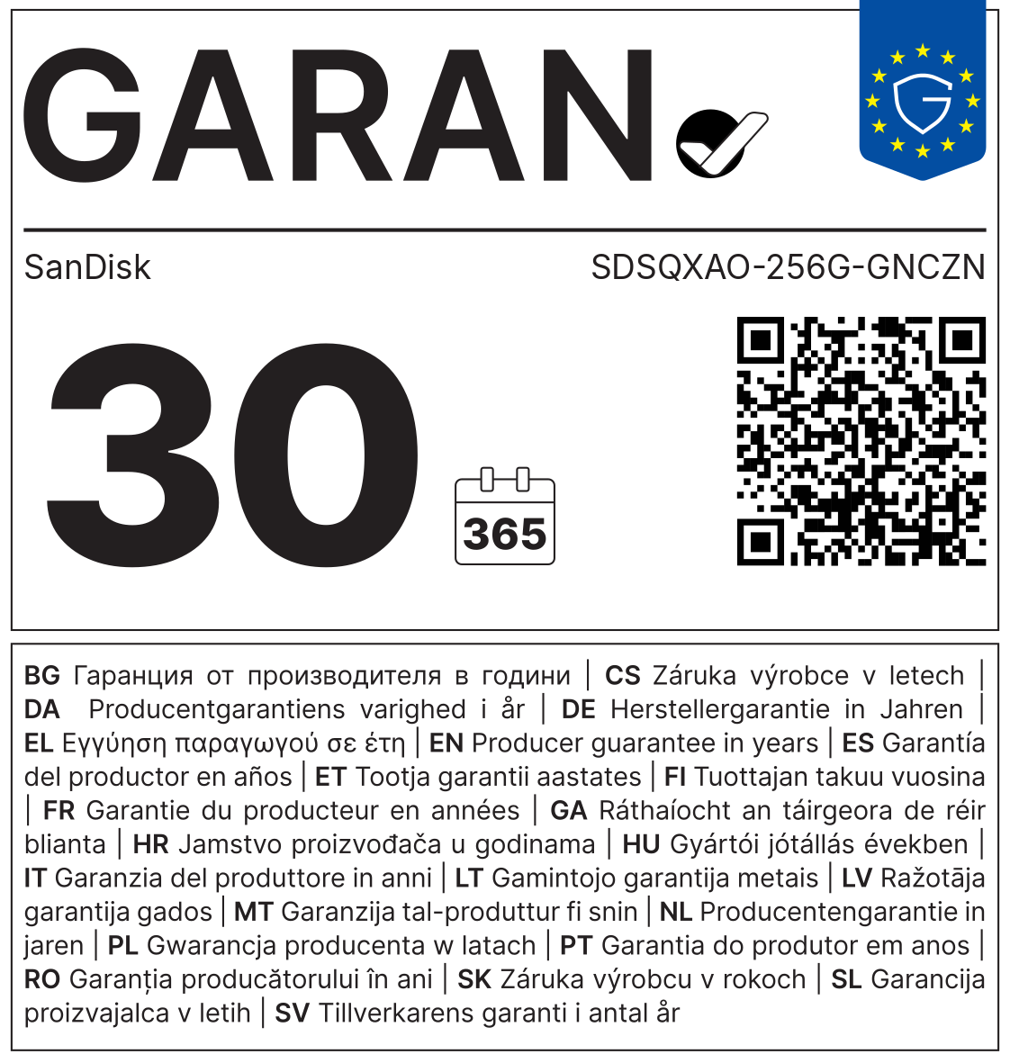 GARAN-Label: Herstellergarantie SanDisk SDSQXAO-256G-GNCZN