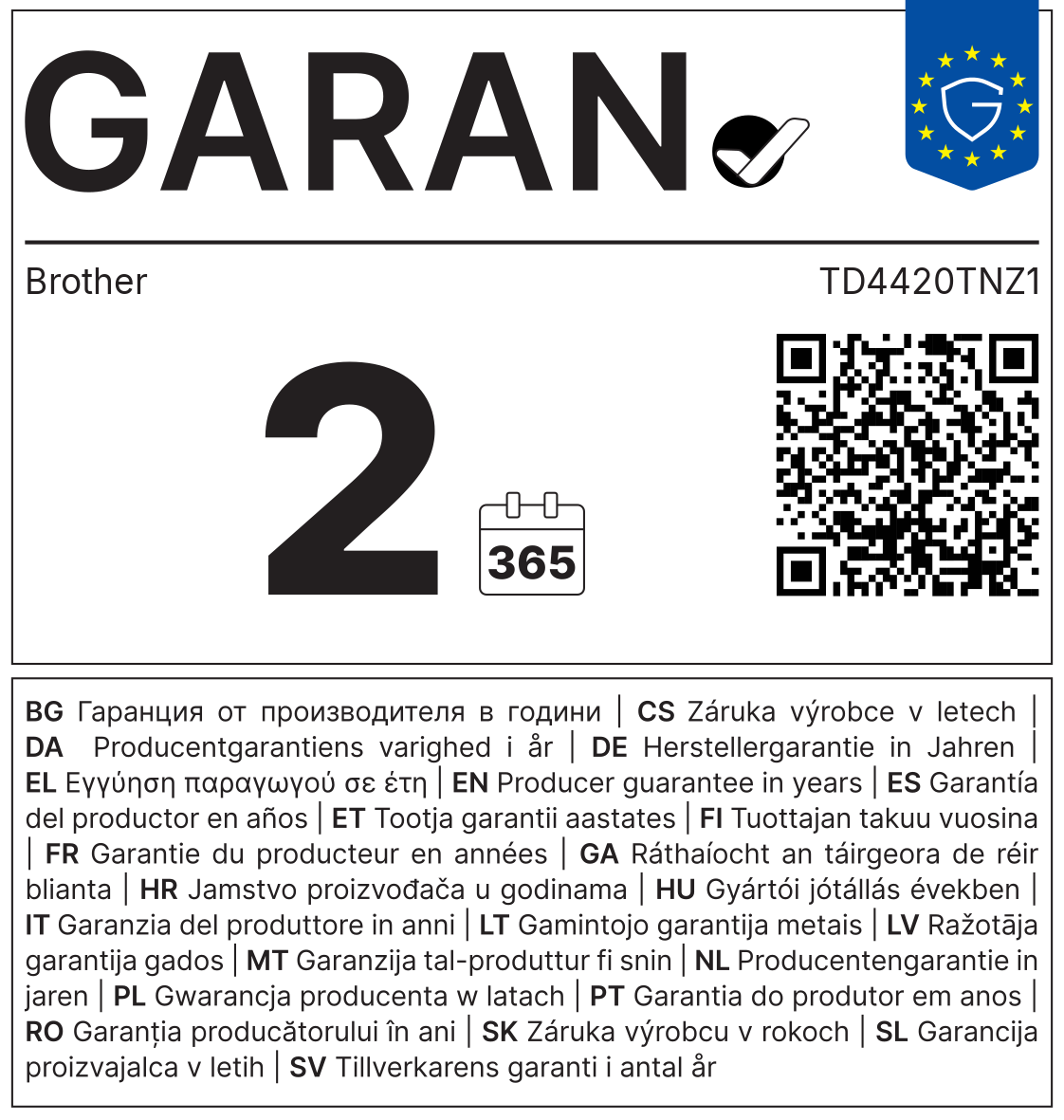 GARAN-Label: Herstellergarantie Brother TD4420TNZ1