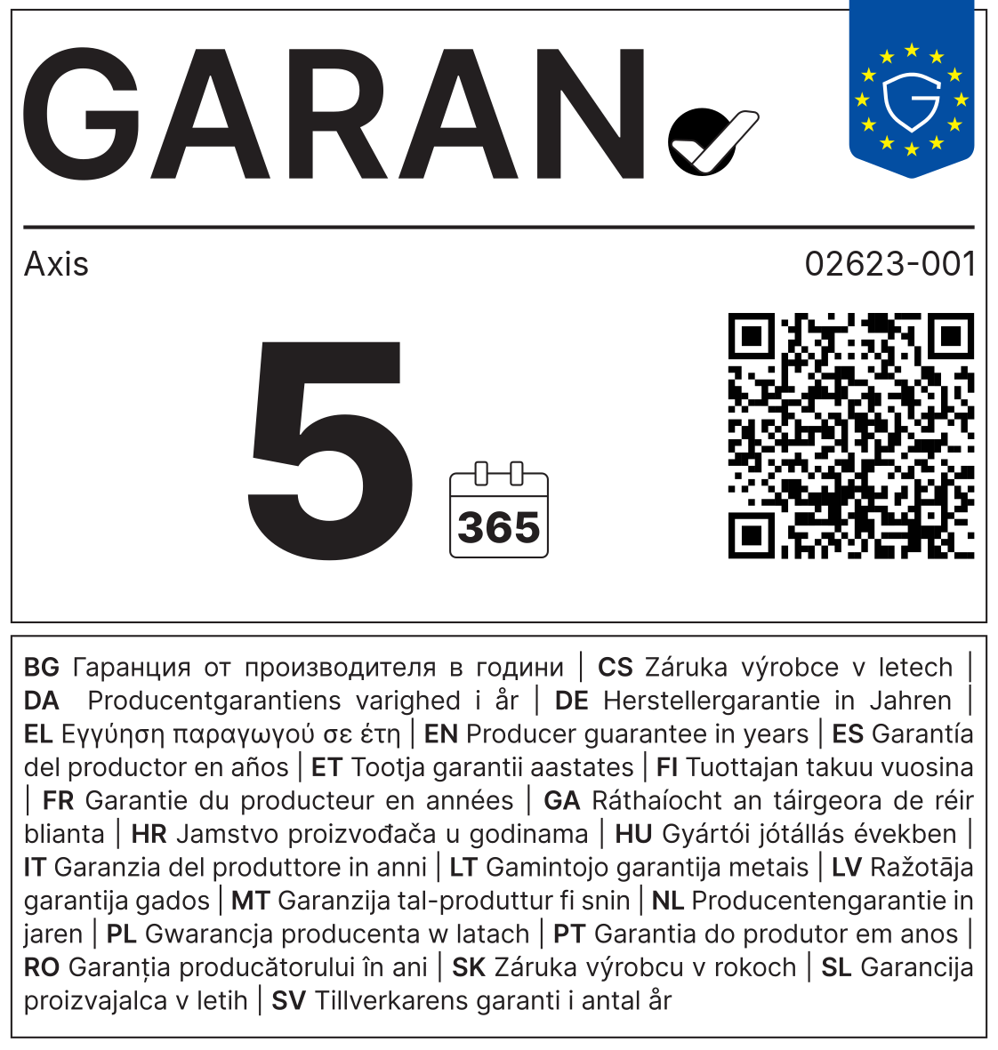 GARAN-Label: Herstellergarantie Axis 02623-001