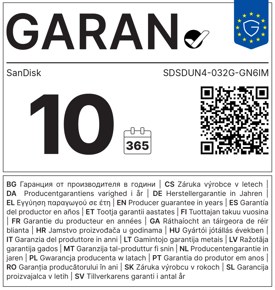 GARAN-Label: Herstellergarantie SanDisk SDSDUN4-032G-GN6IM