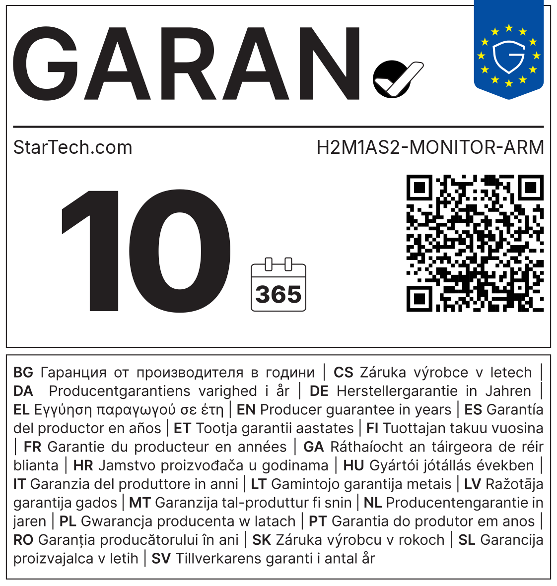GARAN-Label: Herstellergarantie StarTech.com H2M1AS2-MONITOR-ARM