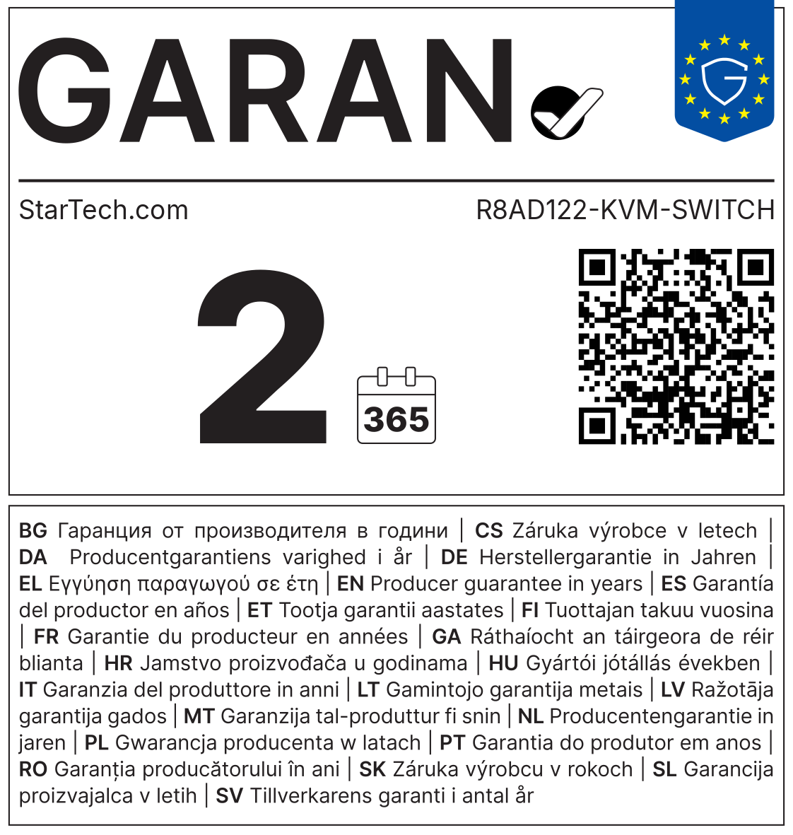 GARAN-Label: Herstellergarantie StarTech.com R8AD122-KVM-SWITCH
