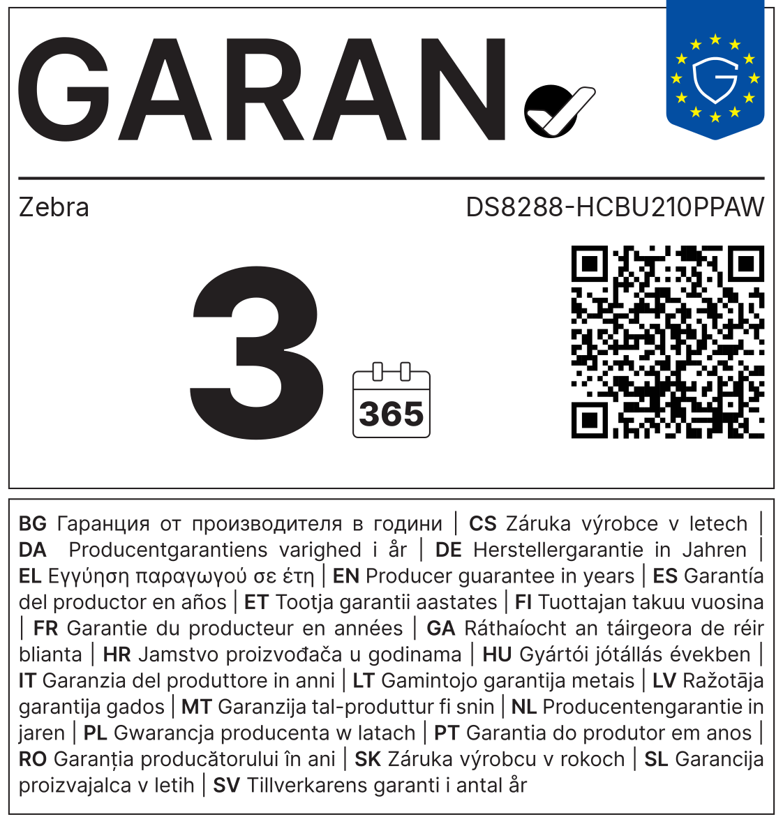 GARAN-Label: Herstellergarantie Zebra DS8288-HCBU210PPAW