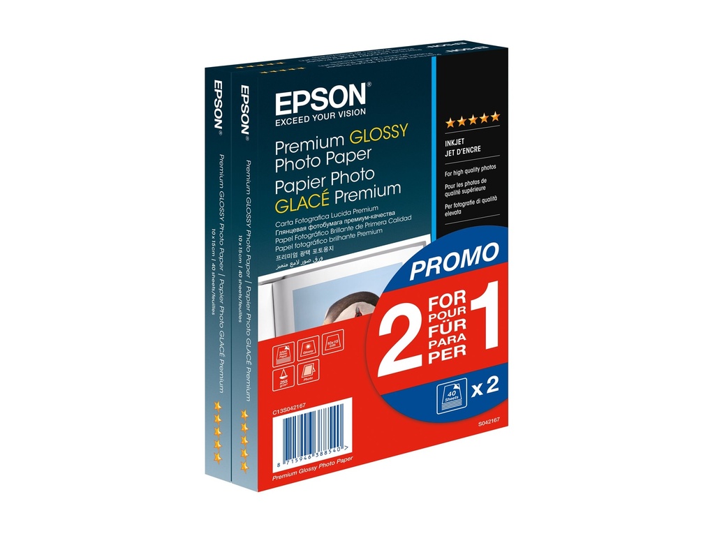 Epson Premium Glossy Photo Paper BOGOF - Glänzend - 100 x 150 mm - 255 g/m² - 40 Blatt Fotopapier (Packung mit 2)