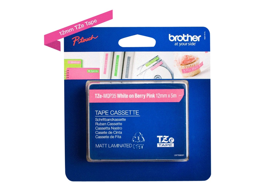 Brother TZe-MQP35 - Standard-Klebstoff - Weiß auf Berry Pink - Rolle (1,2 cm x 5 m)