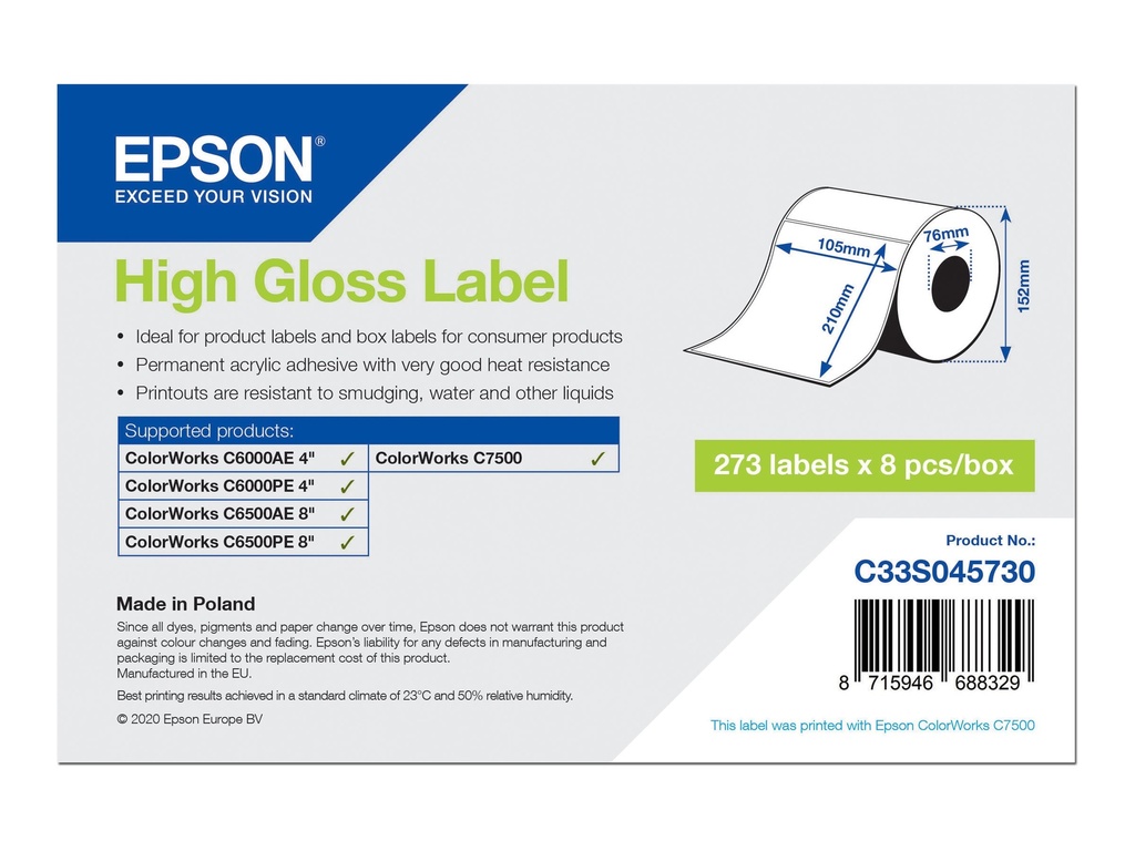 Epson Hochglänzend - permanenter Acrylklebstoff - 105 x 210 mm 273 Etikett(en) (1 Rolle(n)