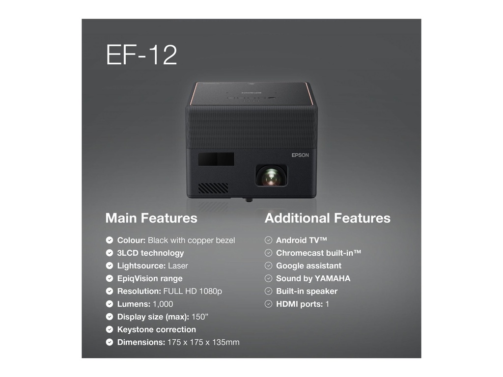 [V11HA14040] Epson EF-12 - 3-LCD-Projektor - tragbar - 1000 lm (weiß)