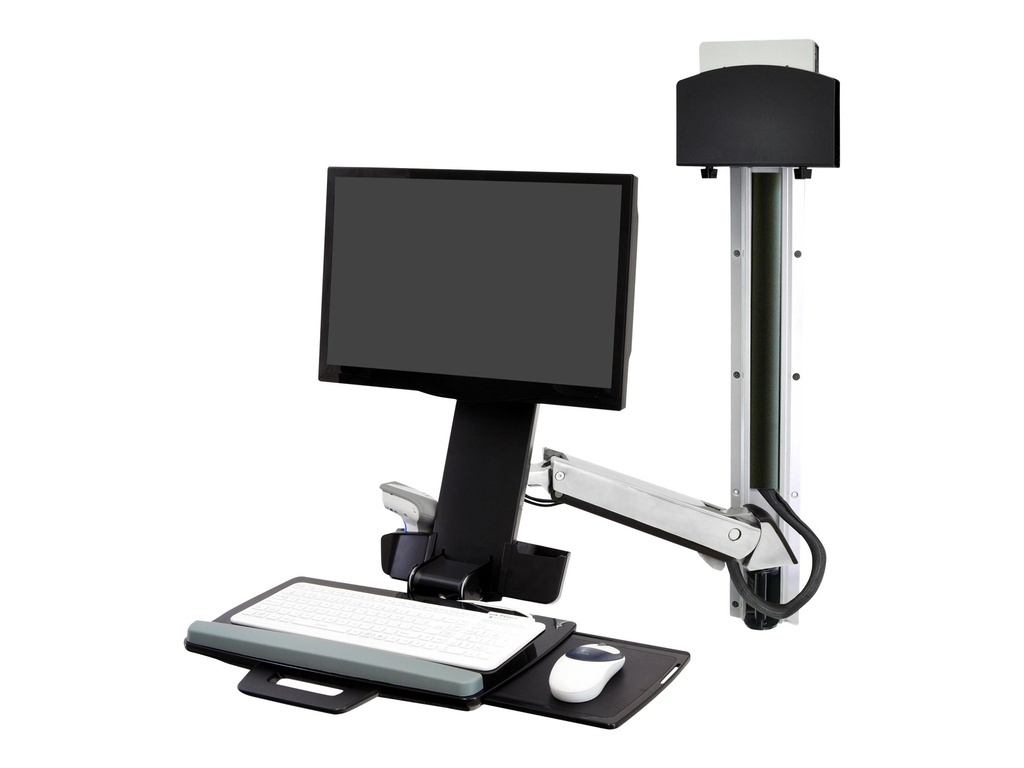 Ergotron Sit-Stand Combo System Mit CPU-Halter klein - Befestigungskit (CPU-Halter, 2 Schienenabdeckungen, 2 Kabelkanäle, Handgelenkkissen, einstellbarer Monitorarm, VESA-Halterung, Wandschiene 34", Montagesystem mit CPU-Halterung und Armen, Tastaturablage mit linker/rechter Mausablage, Ablage für Barcode-Scanner und Maus, Combo Schwenkarm)