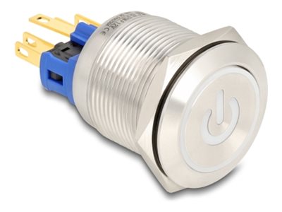 Delock Drücktaster - für 22 mm Installation, 6 x Lötanschluss, weißes LED-Netzsymbols und Ring