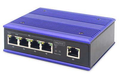 DIGITUS 4 Port Fast Ethernet Netzwerk PoE Switch, Industrial, Unmanaged, 1 RJ45 Uplink