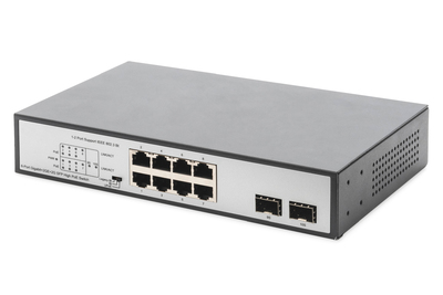 DIGITUS 8-Port Gigabit PoE Netzwerkswitch, Desktop, unmanaged, 2 Uplink Ports, SFP, 180 W, af/at/bt