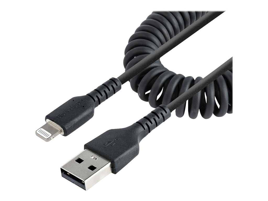 StarTech.com 1m USB auf Lightning Kabel, Spiralkabel, MFi zertifiziert, Schnellladekabel für iPhone/iPad, Schwarz, robuster TPE Mantel mit Aramidfaser, USB 2.0 Kabel (RUSB2ALT1MBC)