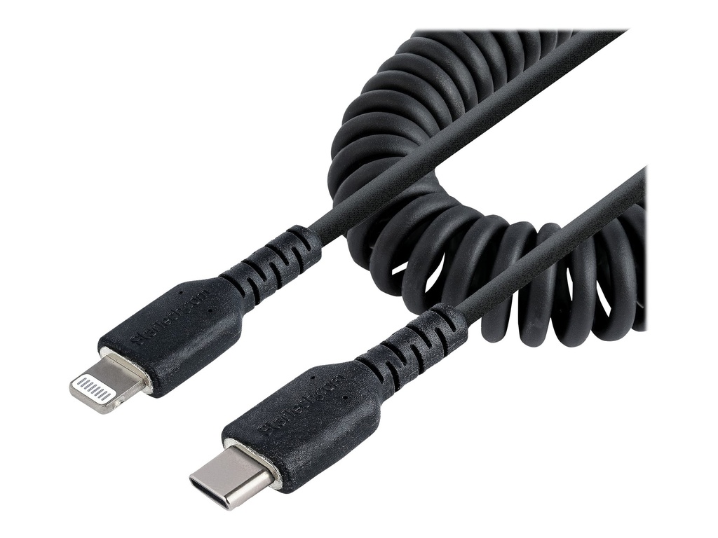 StarTech.com 1m USB C auf Lightning Kabel, spiralkabel, MFi-zertifiziert, Schnellladekabel für iPhone/iPad/iPod , schwarz, langlebiger TPE-Mantel aus Aramidfaser, USB C 2.0 Kabel (RUSB2CLT1MBC)