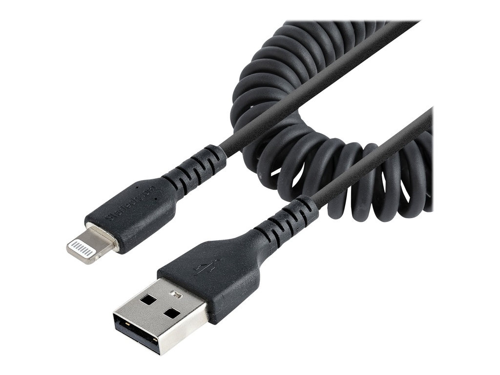 StarTech.com 50cm USB auf Lightning Kabel, Spiralkabel, MFi zertifiziert, Schnellladekabel für  iPhone/iPad, Schwarz, robuster TPE Mantel mit Aramidfaser, USB 2.0 Kabel (RUSB2ALT50CMBC)
