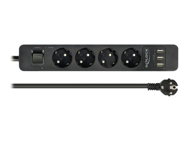 Delock Extension Socket - Steckdosenleiste - Wechselstrom 250 V - 4000 Watt - Eingabe, Eingang power CEE 7/7 - Ausgangsanschlüsse: 4 (3 x USB Typ A, 4 x CEE 7/3)