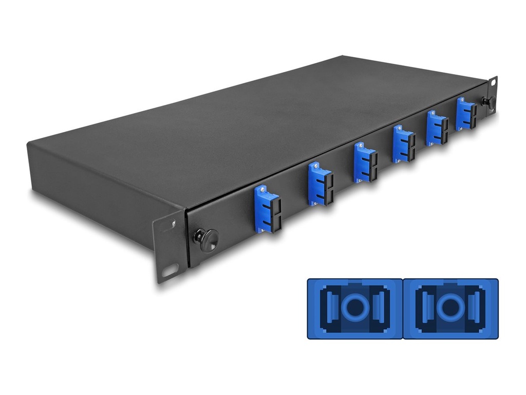 Delock Glasfaserkabelkiste - OS2, montiert - Vorderseite - Rack montierbar - SC Duplex X 6 - Schwarz - 1U - 48.3 cm (19")