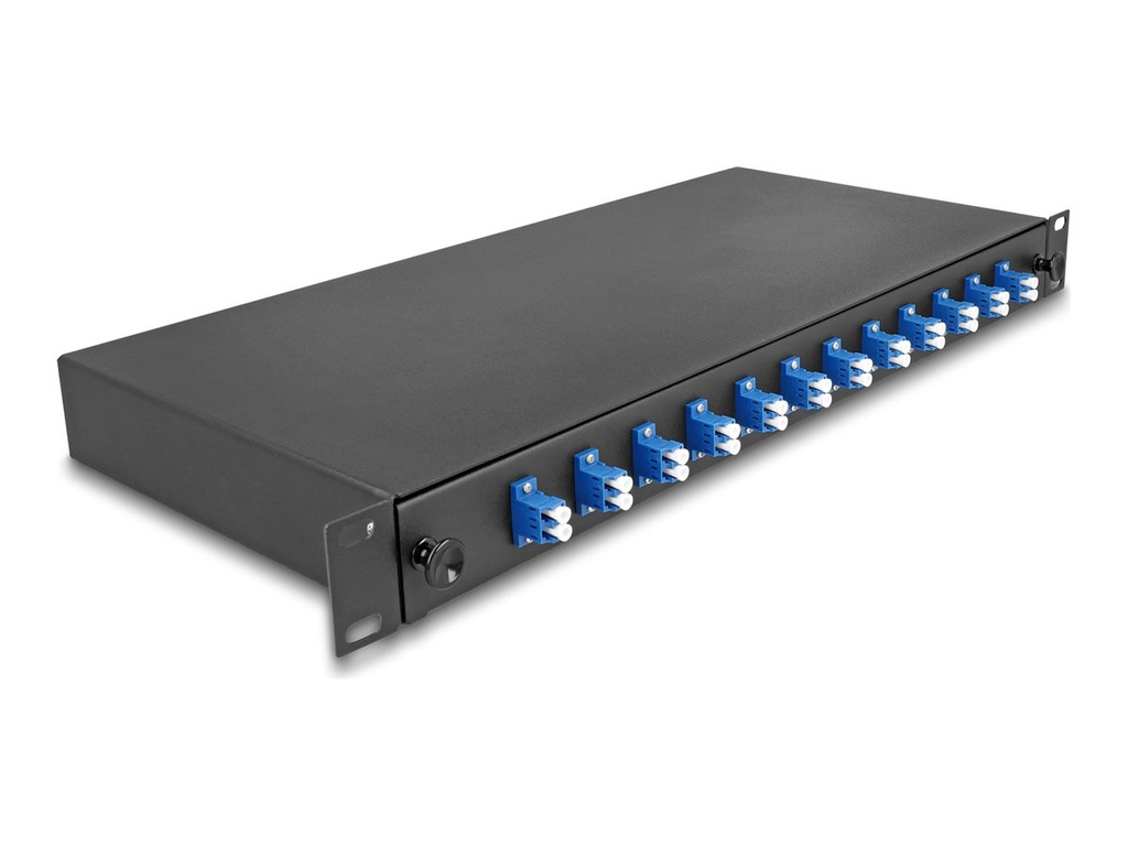 Delock Glasfaserkabelkiste - OS2, komplett montiert - Vorderseite - Rack montierbar - LC Duplex x12 - Schwarz - 1U - 48.3 cm (19")