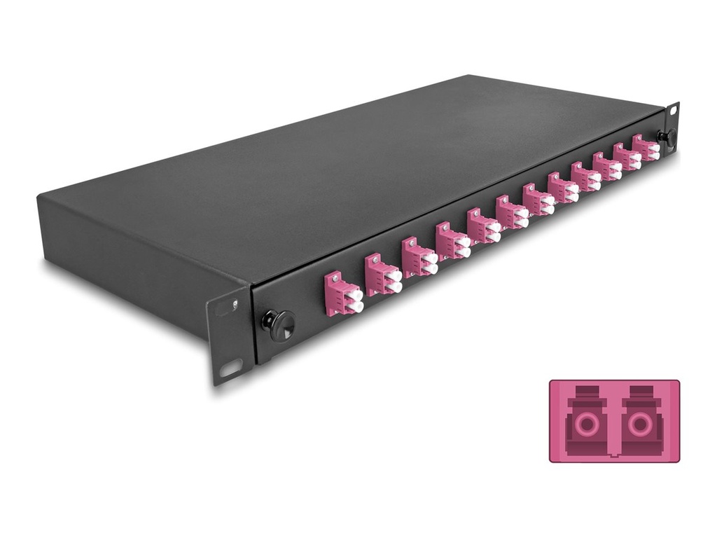 Delock Glasfaserkabelkiste - OM4, komplett montiert - Vorderseite - Rack montierbar - LC Duplex x12 - Schwarz - 1U - 48.3 cm (19")