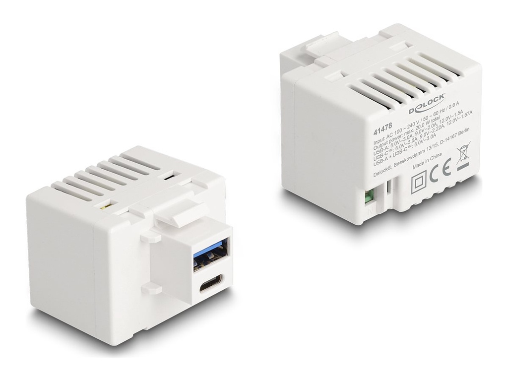 Delock Netzteil - 20 Watt - 3 A - PD - 2 Ausgabeanschlussstellen (USB Typ A, USB-C)