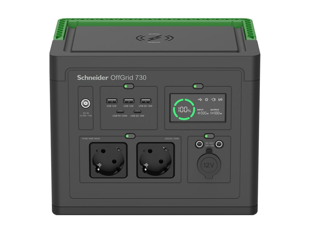 APC Schneider OffGrid 730 - Tragbares kraftwerk - LCD, Lithium-Ionen, 2 CEE 7/3 Schuko-Steckdosen, Sinuswelle, 3 USB-A, 1 USB-C, kabelloses Laden