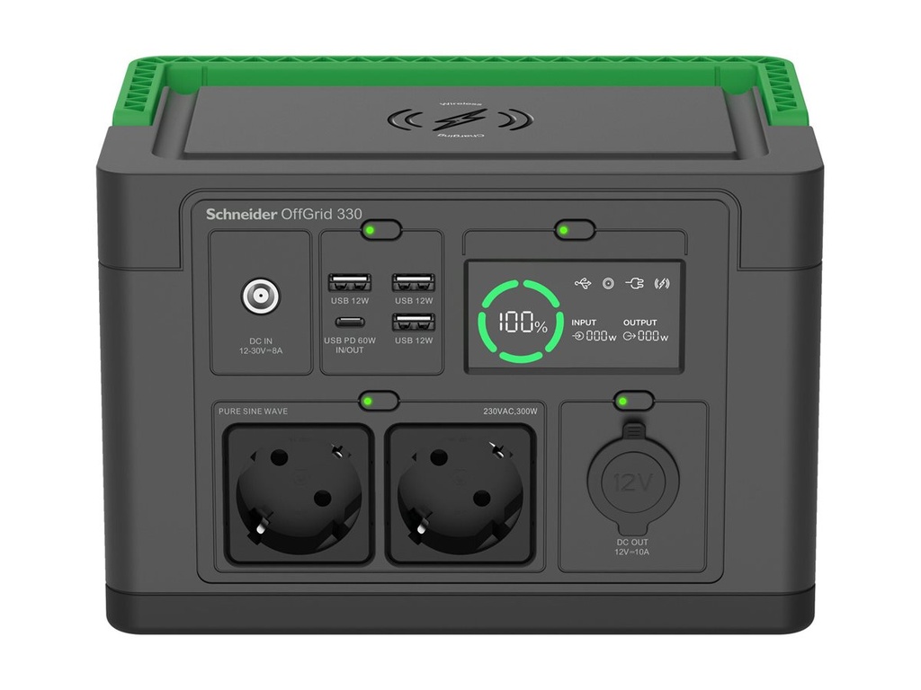 APC Schneider OffGrid 330 - Tragbares kraftwerk - LCD, Lithium-Ionen, 2 CEE 7/3 Schuko-Steckdosen, Sinuswelle, 3 USB-A, 1 USB-C, kabelloses Laden