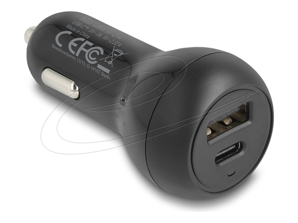 Delock Auto-Netzteil - 32 Watt - 3 A - PD 3.0 - 2 Ausgabeanschlussstellen (24 pin USB-C, USB)