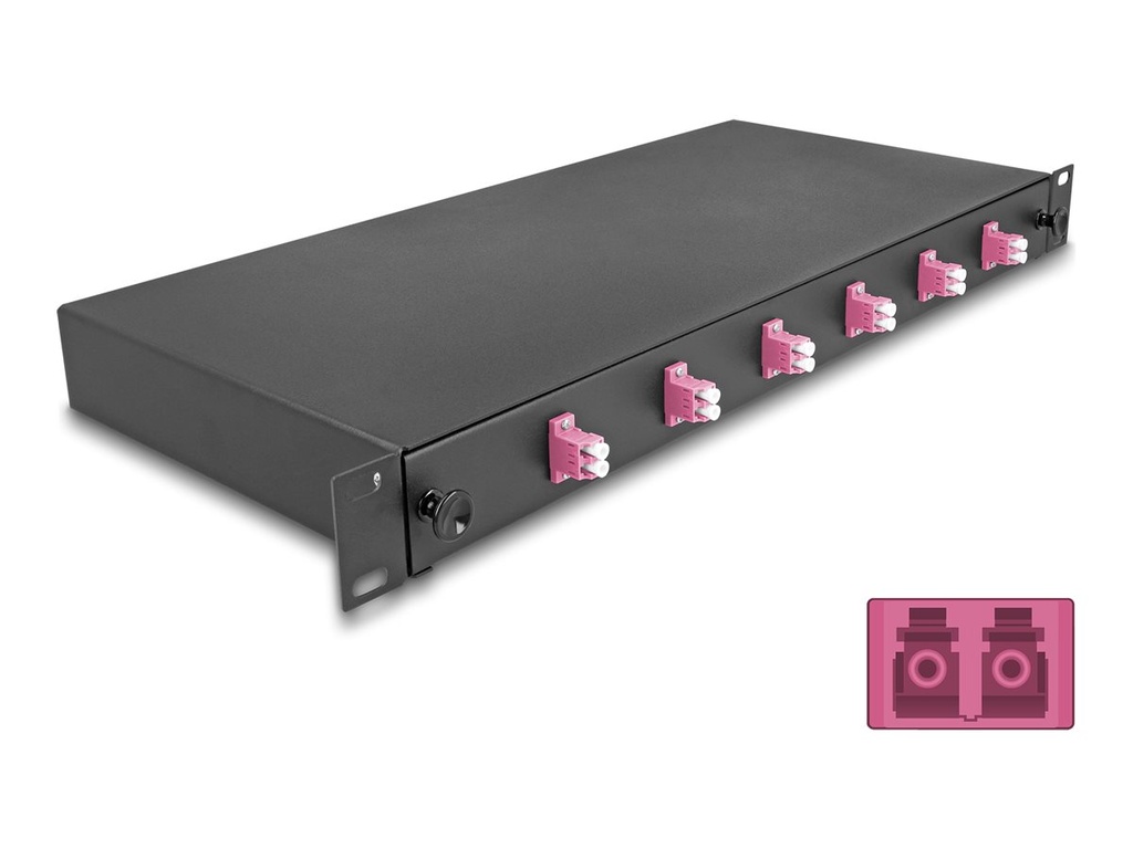 Delock Glasfaserkabelkiste - OM4, komplett montiert - Vorderseite - Rack montierbar - LC Duplex x 6 - Schwarz - 1U - 48.3 cm (19")