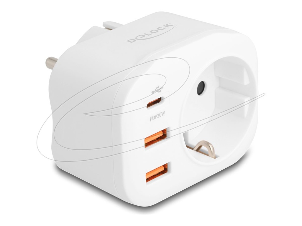 Delock Socket splitter - mit Kindersicherung - Wechselstrom 100-240 V - 4000 Watt - Eingabe, Eingang power CEE 7/7 - Ausgangsanschlüsse: 1 (power CEE 7/3, 2 x 24-poliger USB-C (PD)