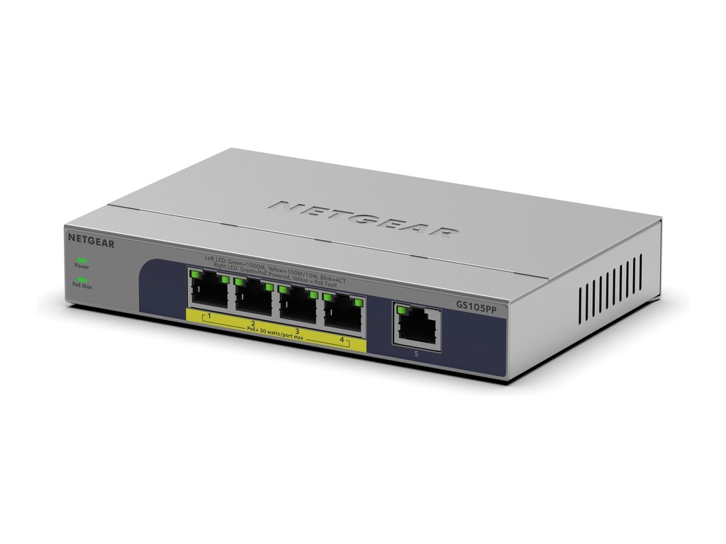Netgear GS105PP - Switch - unmanaged - 1 x 10/100/1000 + 4 x 10/100/1000 (PoE+)