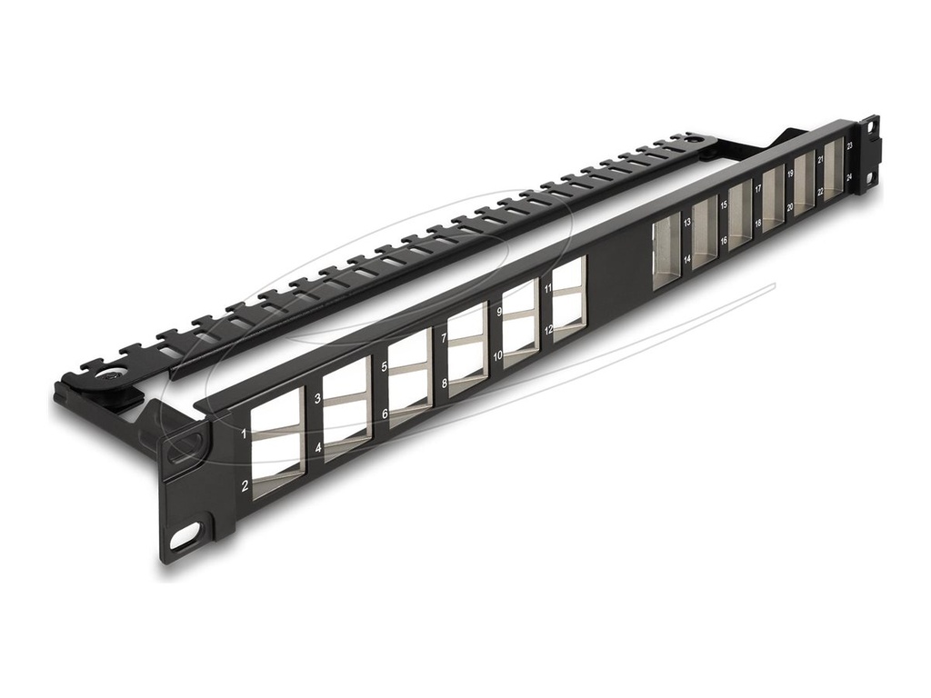 Delock Patchpanel (Blindblech) - abgewinkelt, mit Zugentlastung - Rack montierbar - Schwarz - 1U - 48.3 cm (19")