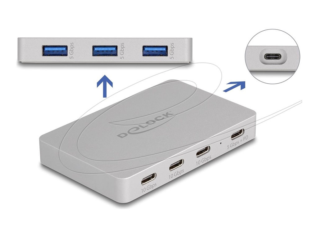 Delock Hub - with Power Delivery 82 Watt - 3 x USB-C 3.2 Gen 2 + 3 x SuperSpeed USB + 1 x USB-C (Spannungsversorgung)