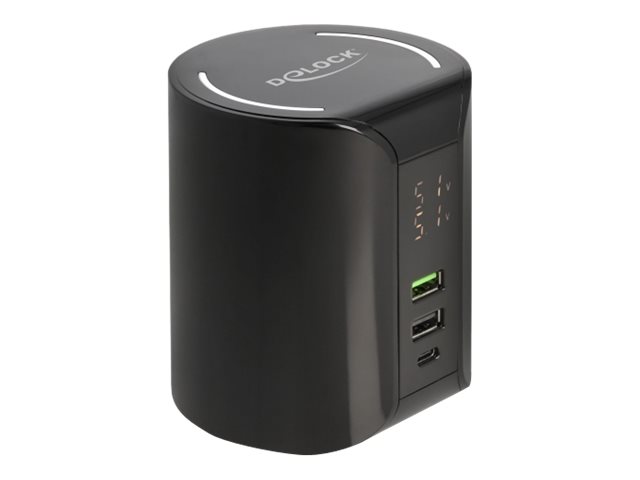 [41441] Delock Ladeschale für induktives Laden / Netzteil - 58 Watt - 3 A - Fast Charge, PD - 3 Ausgabeanschlussstellen (2 x USB, USB-C)