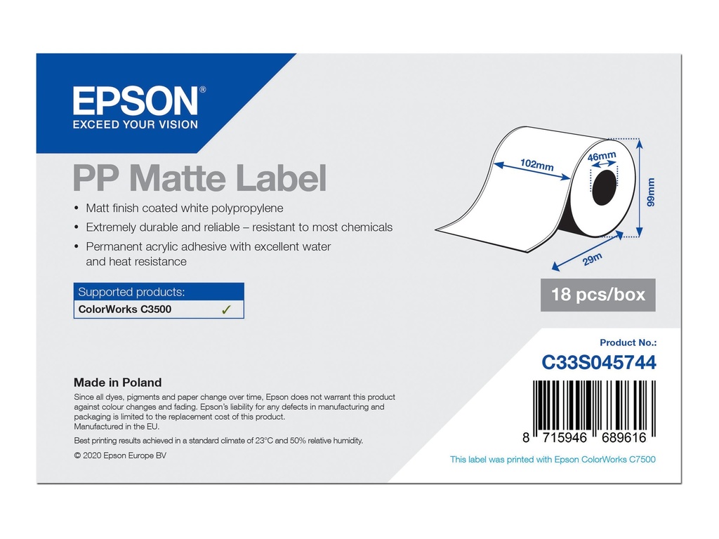 Epson Matt - Rolle (10,2 cm x 29 m) 18 Rolle(n) Etikettenpapier - für ColorWorks CW-C4000E (BK)