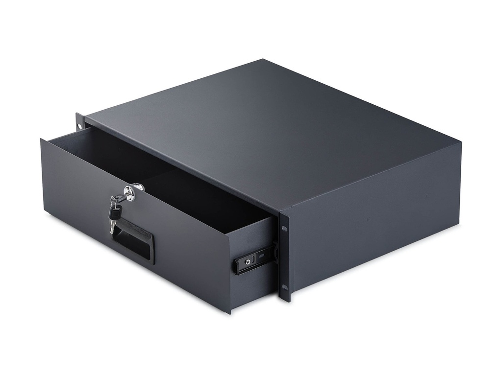 StarTech.com Startech - Rack Storage Drawer - hintere Kabeldurchführungsöffnungen, Schlüssel enthalten, abschließbar, Stahl, 10 kg Kapazität - Vorderseite - Schrankmontage, Rack montierbar - Schwarz - 3U - 48.3 cm (19")