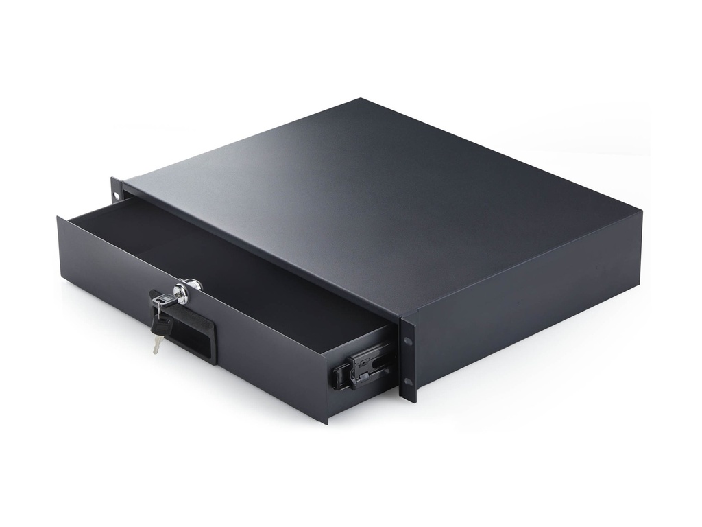 [2U-RACK-MOUNT-DRAWER] StarTech.com Startech - Rack Storage Drawer - hintere Kabeldurchführungsöffnungen, Schlüssel enthalten, abschließbar, Stahl, 10 kg Kapazität - Vorderseite - Schrankmontage, Rack montierbar - Schwarz - 2U - 48.3 cm (19")