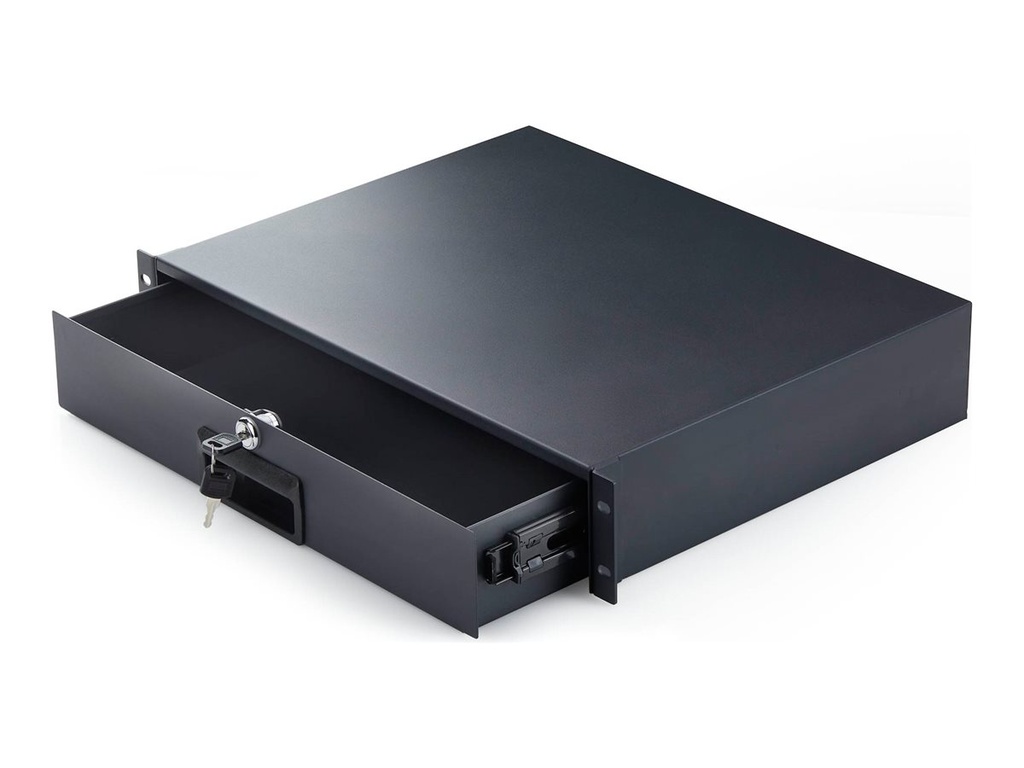 StarTech.com Startech - Rack Storage Drawer - rear cable pass-through holes, keys included, lockable, steel, 10 kg capacity - Vorderseite - Schrankmontage, Rack montierbar - Schwarz - 2U - 48.3 cm (19")
