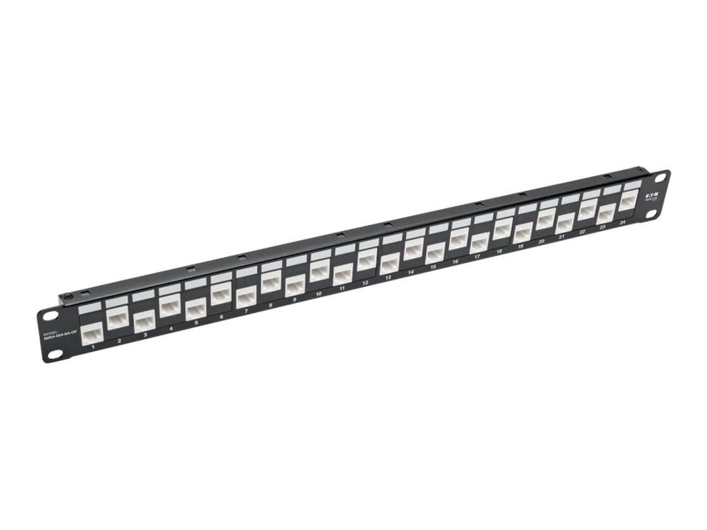 Eaton Tripp Lite Series 24-Port 1U Rack-Mount Cat6a/Cat6/Cat5e Offset Feed-Through Patch Panel with Cable Management Bar, RJ45 Ethernet, TAA - Patch Panel - RJ-45 X 24 - 1U - 48.3 cm (19")