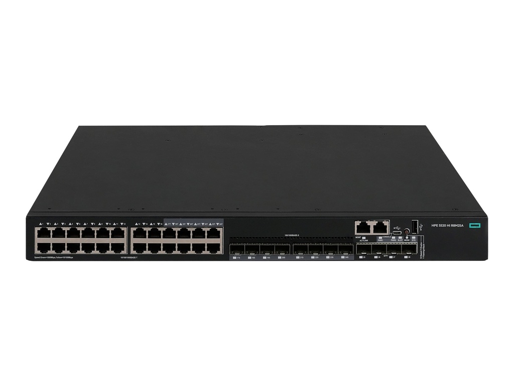 HPE Networking Comware 5520HI 24p SFP 1G 4p SFP+ 1G/10G 1-slot TAA Switch - Switch - 1 Steckplatz für Erweiterungsmodul - L3 - managed - 16 x 100/1000 / SFP + 8 x 10/100/1000 + 4 x 1 Gigabit / 10 Gigabit SFP+ + 4 x 1 Gigabit / 10 Gigabit SFP+ (Uplink / Stacking)