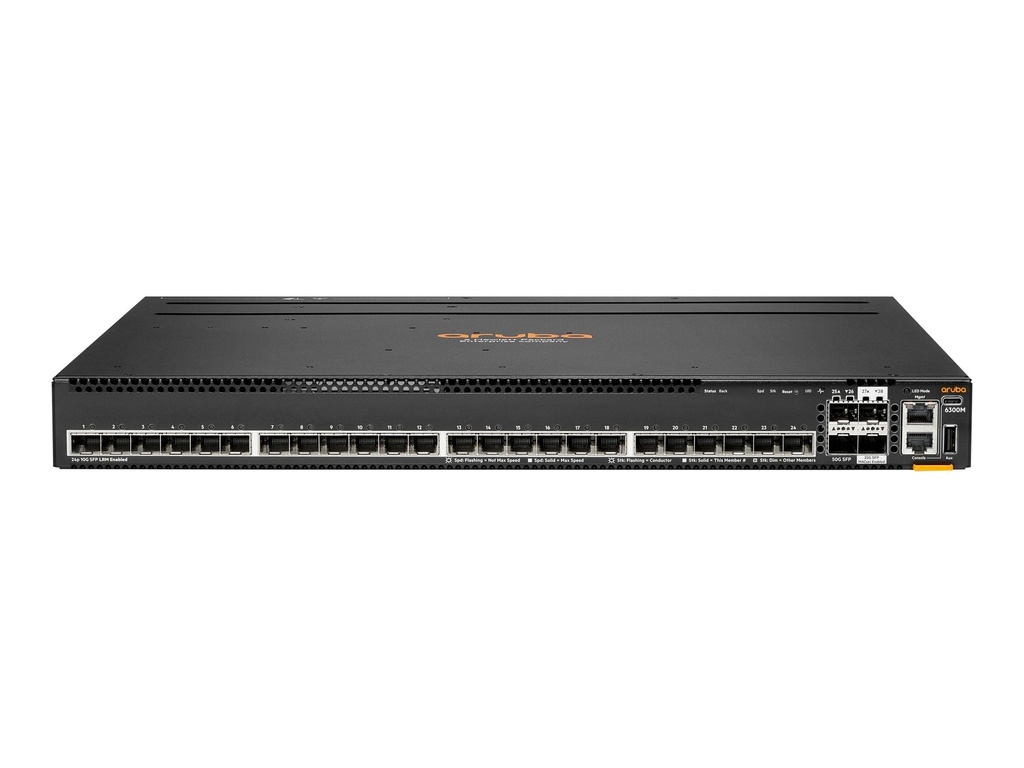 HPE Aruba Networking 6300M 24p SFP+ 1G/10G 4p SFP56 50G TAA Switch - Switch - max. Stapelentfernung 10 km - L3 - managed - 24 x 1 Gigabit / 10 Gigabit SFP+ + 4 x 1 Gigabit / 10 Gigabit / 25 Gigabit SFP56 (Uplink / Stapelung)