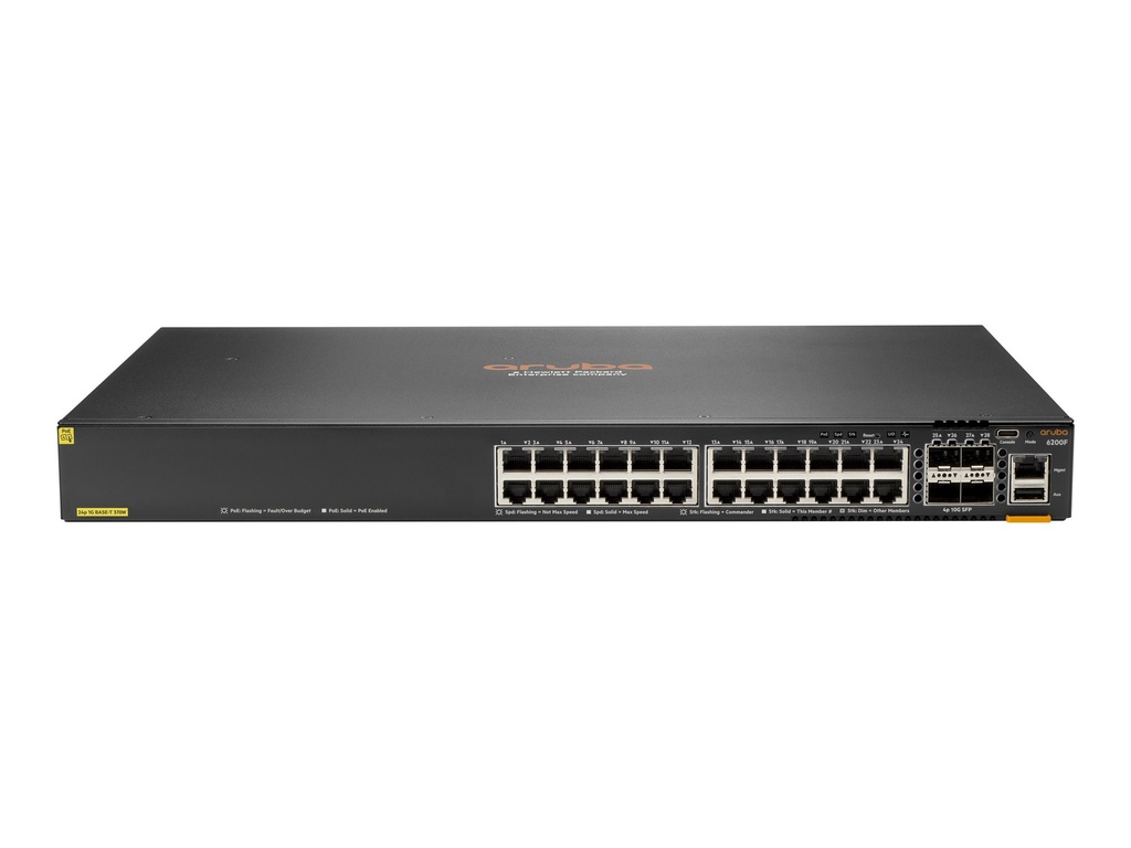 HPE Aruba Networking CX 6200F 24G Class-4 PoE 4SFP+ 370W TAA Switch - Switch - max. Stapelentfernung 10 km - L3 - managed - 24 x 10/100/1000 (PoE+)