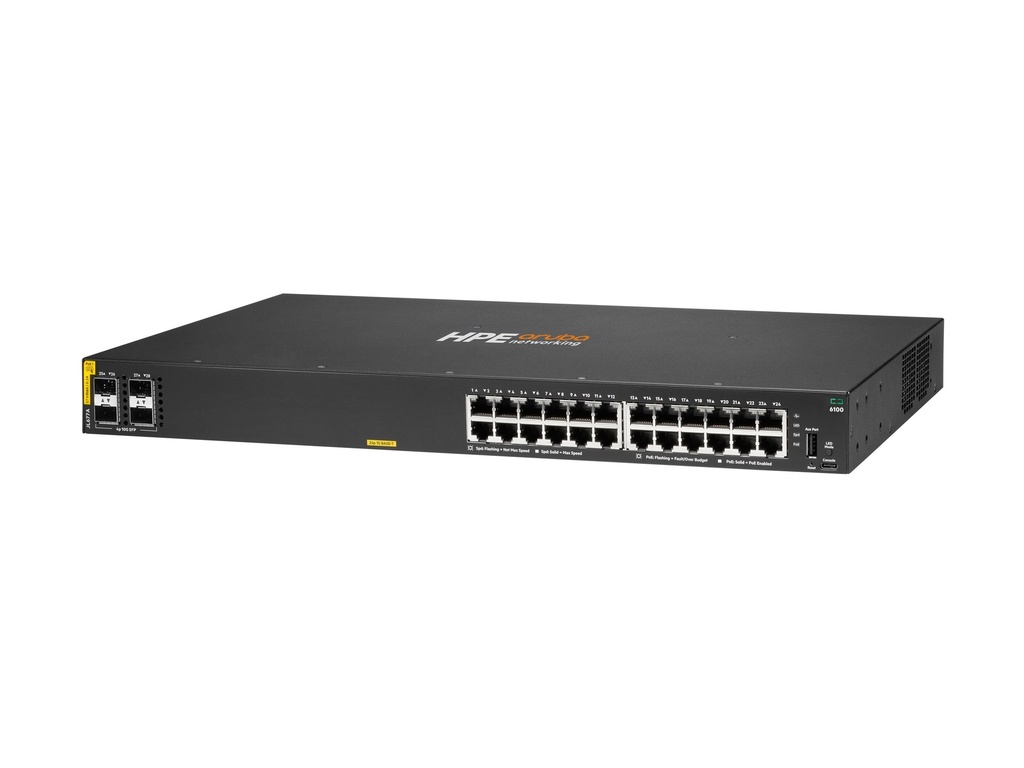 HPE Aruba 6100 24G Class4 PoE 4SFP+ - Switch - managed - 24 x 10/100/1000 + 4 x 1 Gigabit / 10 Gigabit SFP+ - Luftstrom von Seite zu Seite - an Rack montierbar - PoE+ (370 W)