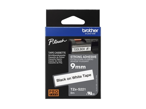 [TZES221] Brother TZe-S221 - Extrem stark haftend - Schwarz auf Weiß - Rolle (0,9 cm x 8 m)