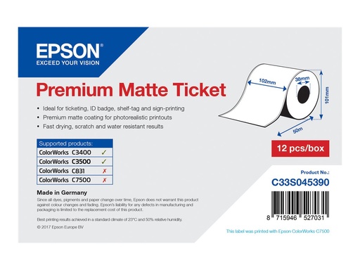 [C33S045390] Epson Premium - Matt - Rolle (10,2 cm x 50 m) 1 Rolle(n) Tickets