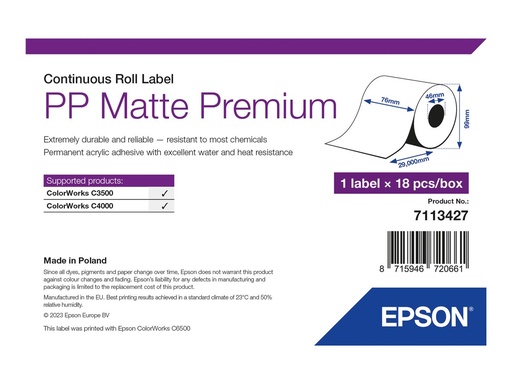 [7113427] Epson Premium - Polypropylen (PP) - matt - permanenter Acrylklebstoff - Rolle (7,6 cm x 29 m)