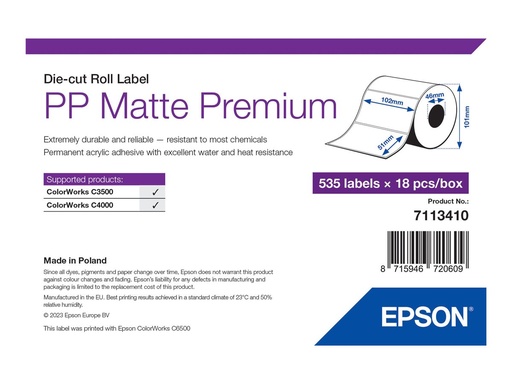 [7113410] Epson Premium - Polypropylen (PP) - matt - permanenter Acrylklebstoff - 102 x 51 mm 9630 Etikett(en) (18 Rolle(n)