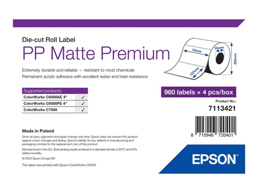 [7113421] Epson Premium - Polypropylen (PP) - matt - permanenter Acrylklebstoff - 76 x 127 mm 3840 Etikett(en) (4 Rolle(n)
