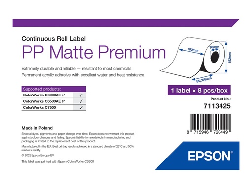 [7113425] Epson Premium - Polypropylen (PP) - matt - permanenter Acrylklebstoff - Rolle (10,2 cm x 55 m)