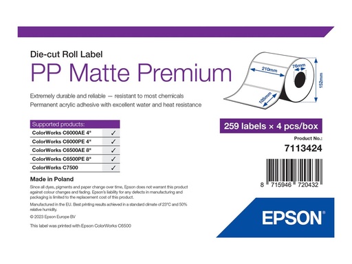 [7113424] Epson Premium - Polypropylen (PP) - matt - permanenter Acrylklebstoff - 105 x 210 mm 1036 Etikett(en) (4 Rolle(n)