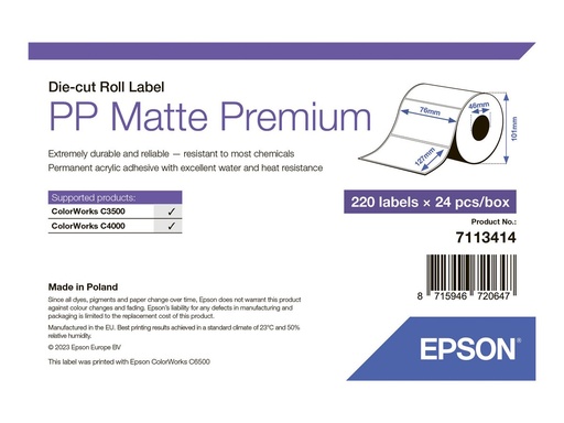 [7113414] Epson Premium - Polypropylen (PP) - matt - permanenter Acrylklebstoff - 76 x 127 mm 5280 Etikett(en) (24 Rolle(n)