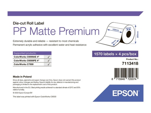 [7113418] Epson Premium - Polypropylen (PP) - matt - permanenter Acrylklebstoff - 102 x 76 mm 6280 Etikett(en) (4 Rolle(n)